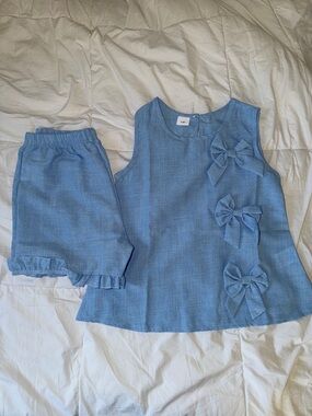 Kids Matching Set - Light Blue Bow Tunic & Shorts